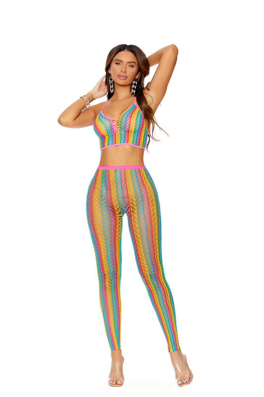 Woman wearing a multicolour crochet net cami and leggings set, open-knit, curve-hugging front