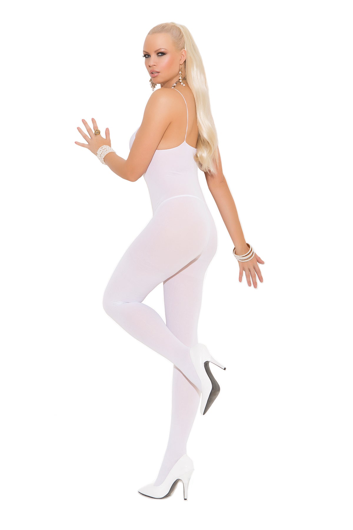 Woman wearing a white opaque bodystocking with open crotch, smooth back and fitted legs, back view