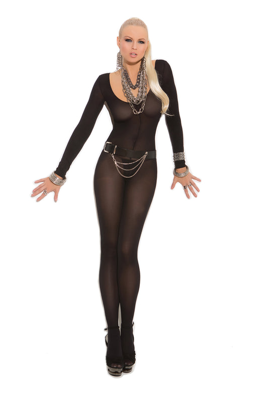 Woman wearing a black long-sleeve opaque bodystocking with open crotch, sleek full-body fit, front view