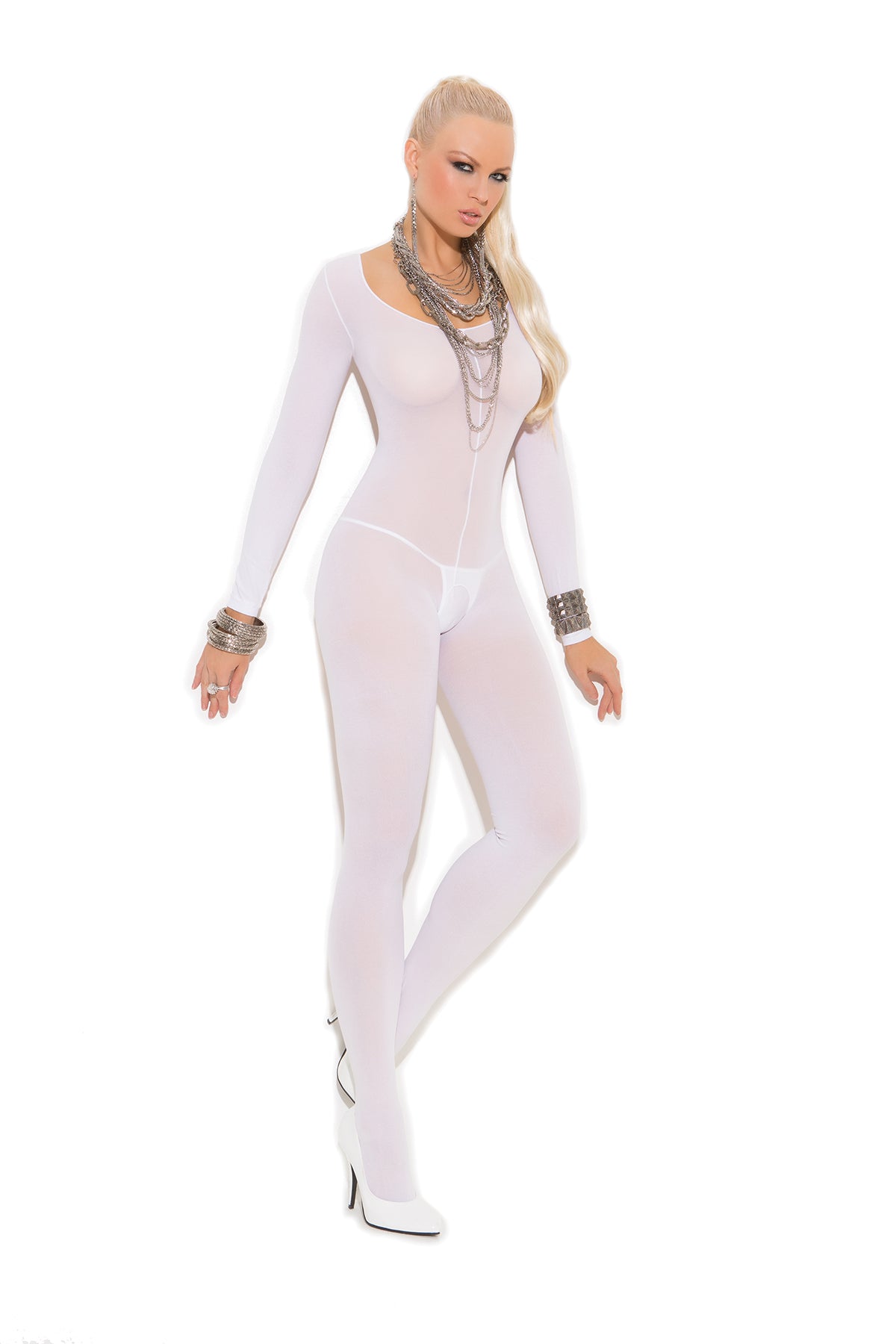 Woman wearing a white long-sleeve opaque bodystocking with open crotch, sleek full-body fit, front view