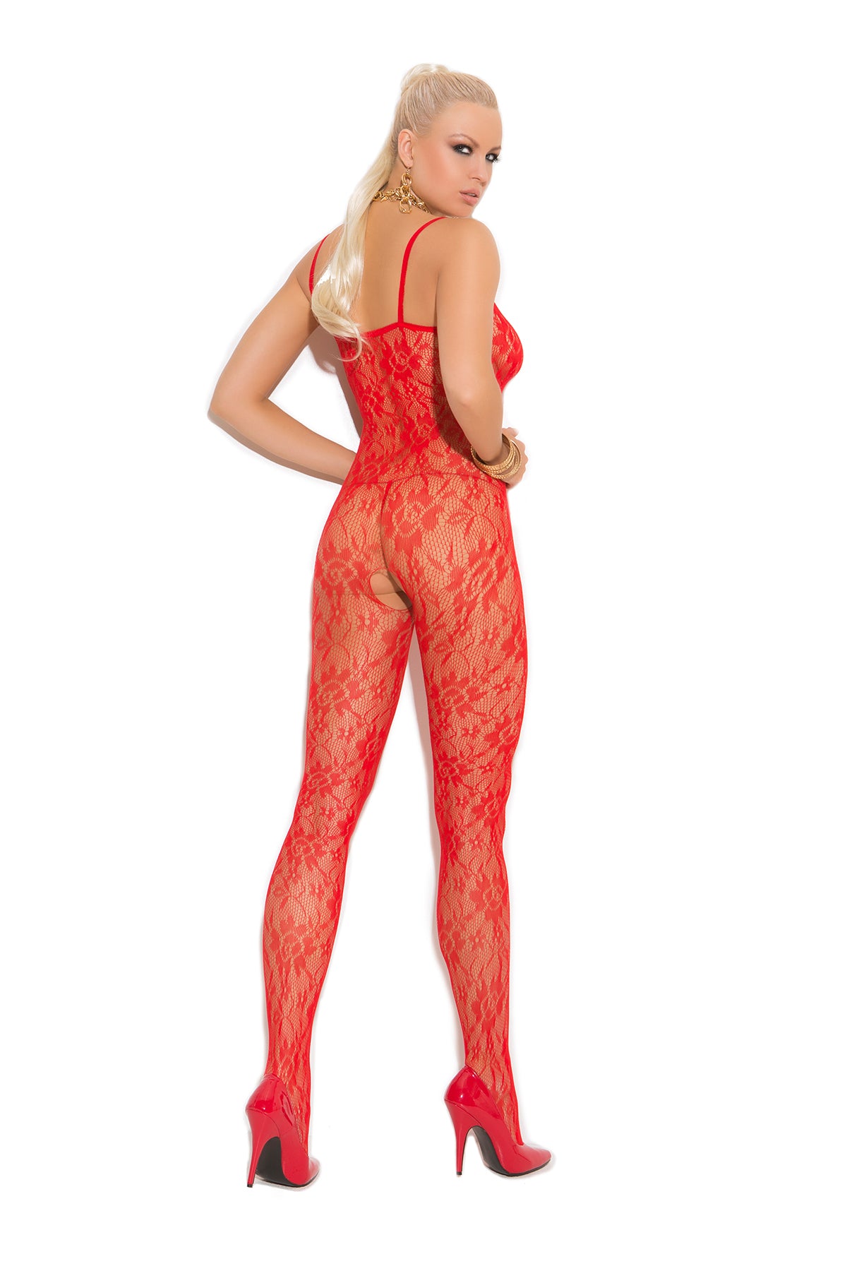 Woman wearing a red rose-lace bodystocking with open crotch, thong-style back and floral knit, back view