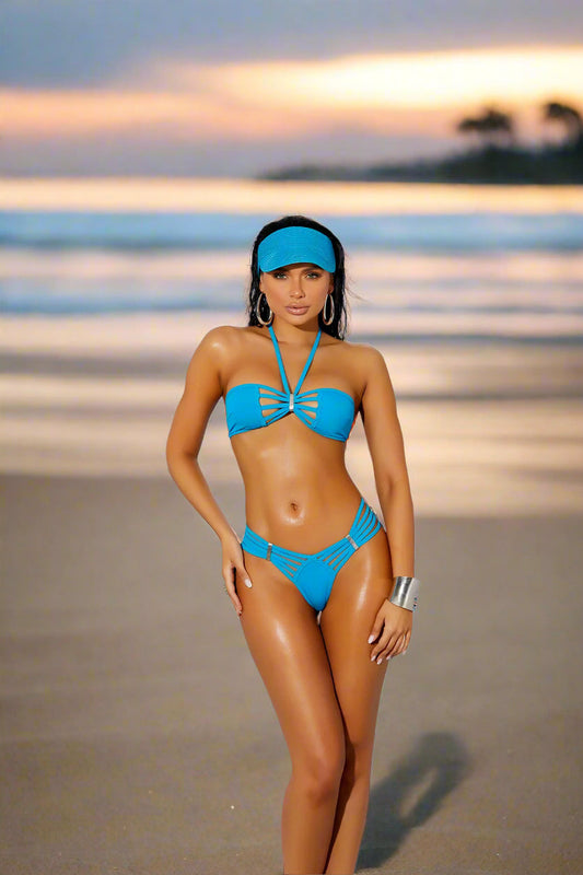 Woman wearing lycra bikini top with matching G-string