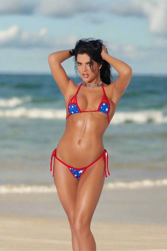 Woman wearing lycra bikini set with red trim