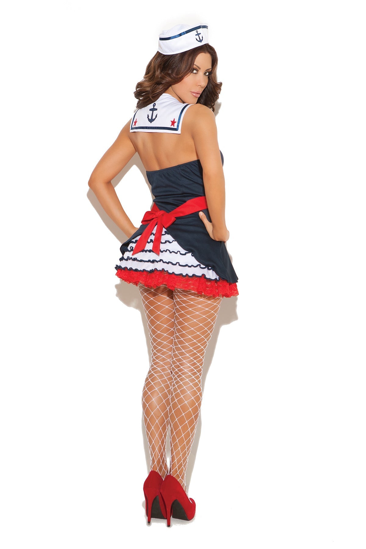 Woman wearing a navy sailor mini dress – side/back view highlighting curve-hugging fit and smooth hem