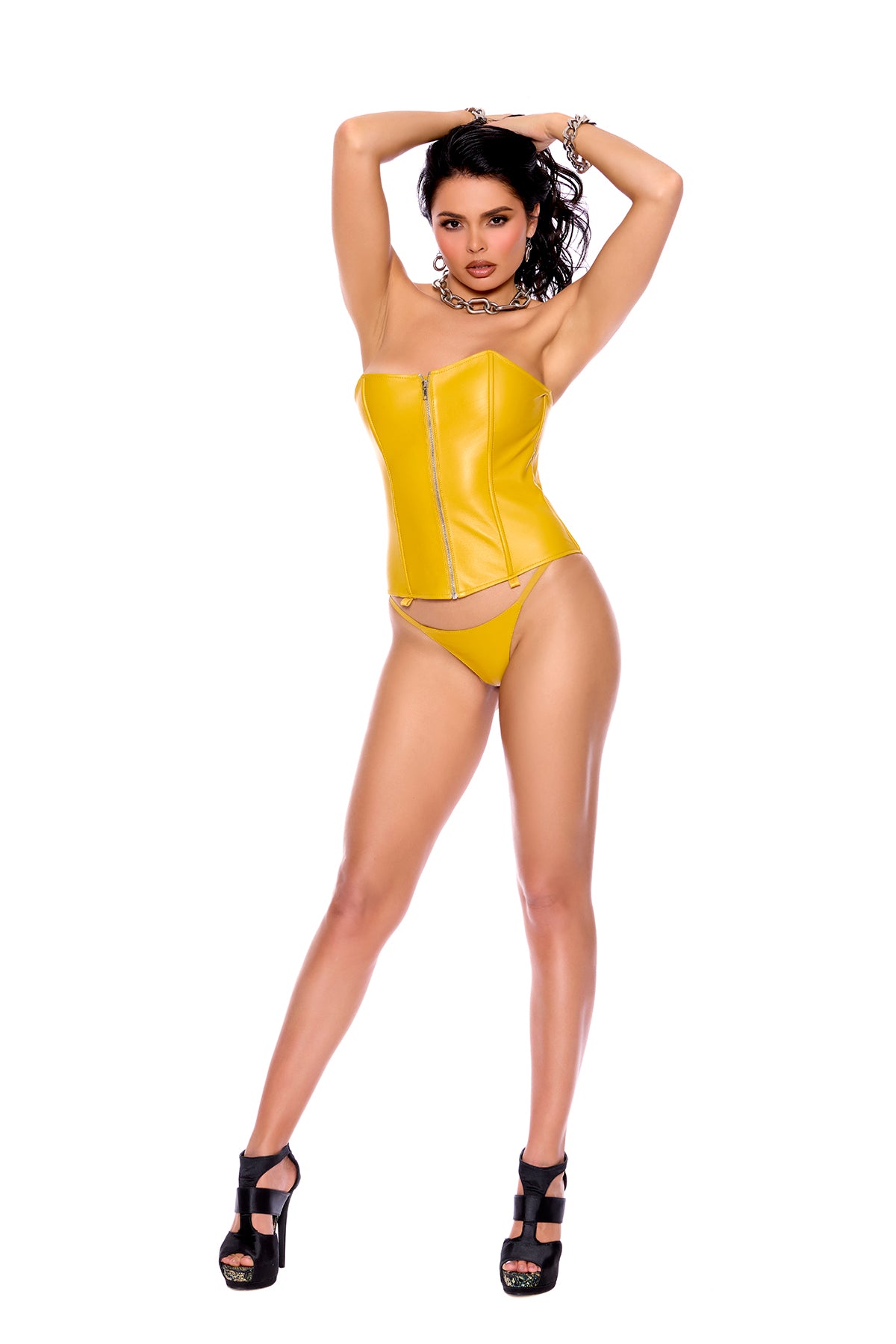 Woman wearing a yellow leather strapless bustier – zip-front, boned fit, front view