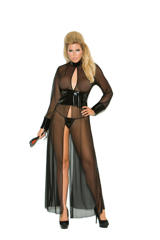 Woman wearing a black plus size mesh and vinyl long sleeve gown – glossy paneling and sheer body, front view