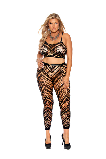 Woman wearing a plus-size black crochet cami set with supportive straps and thong, flattering open-knit front