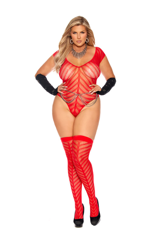 Woman wearing a plus-size red crochet chevron teddy with matching stockings, supportive fit and open-knit front