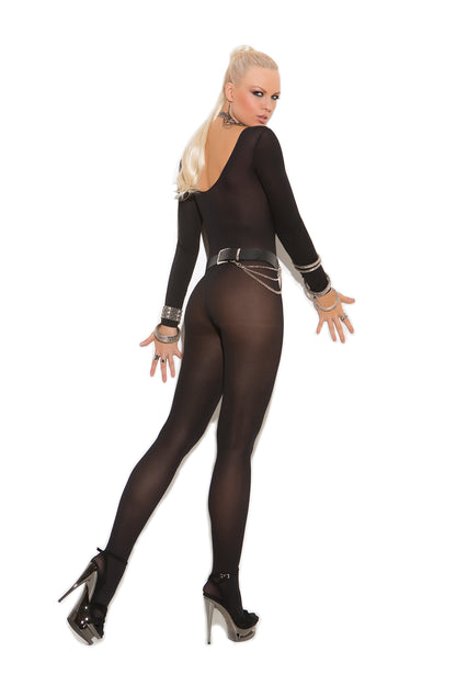 Woman wearing a black long-sleeve opaque bodystocking with open crotch, smooth back and fitted legs, back view
