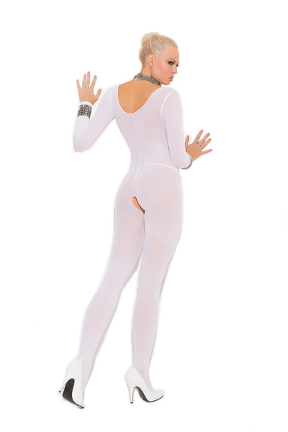Woman wearing a white long-sleeve opaque bodystocking with open crotch, smooth back and fitted legs, back view