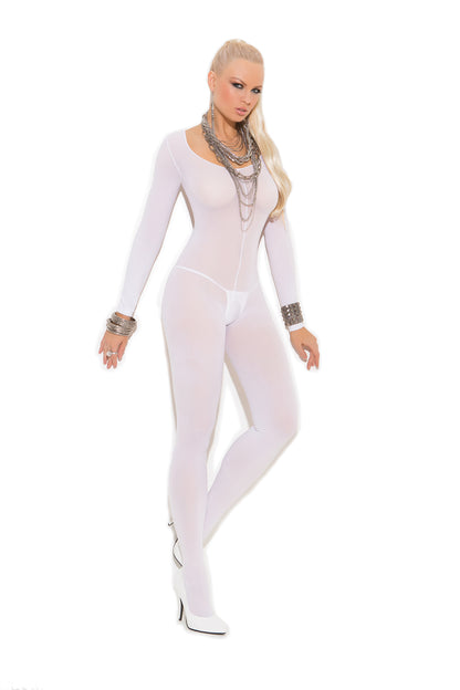 Woman wearing a white long-sleeve opaque bodystocking with open crotch, sleek full-body fit, front view
