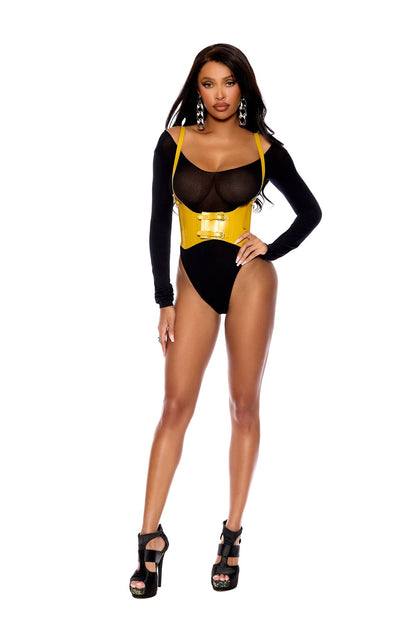 Woman wearing a yellow leather buckle harness – front Velcro buckle closure, front view